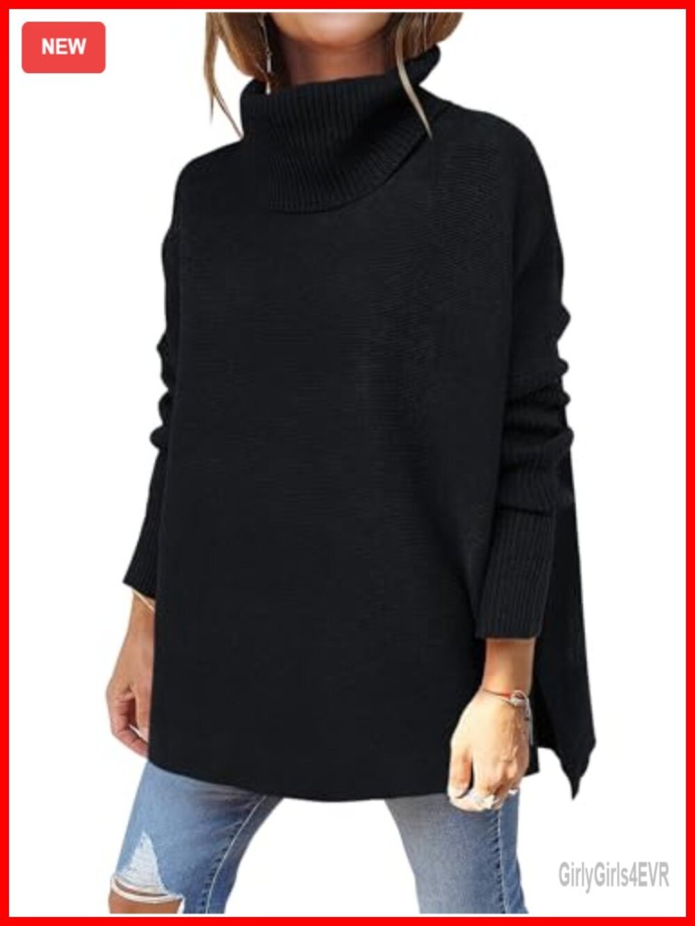 Oversized Turtleneck Sweater Batwing Sleeve High Low Hem Pullover